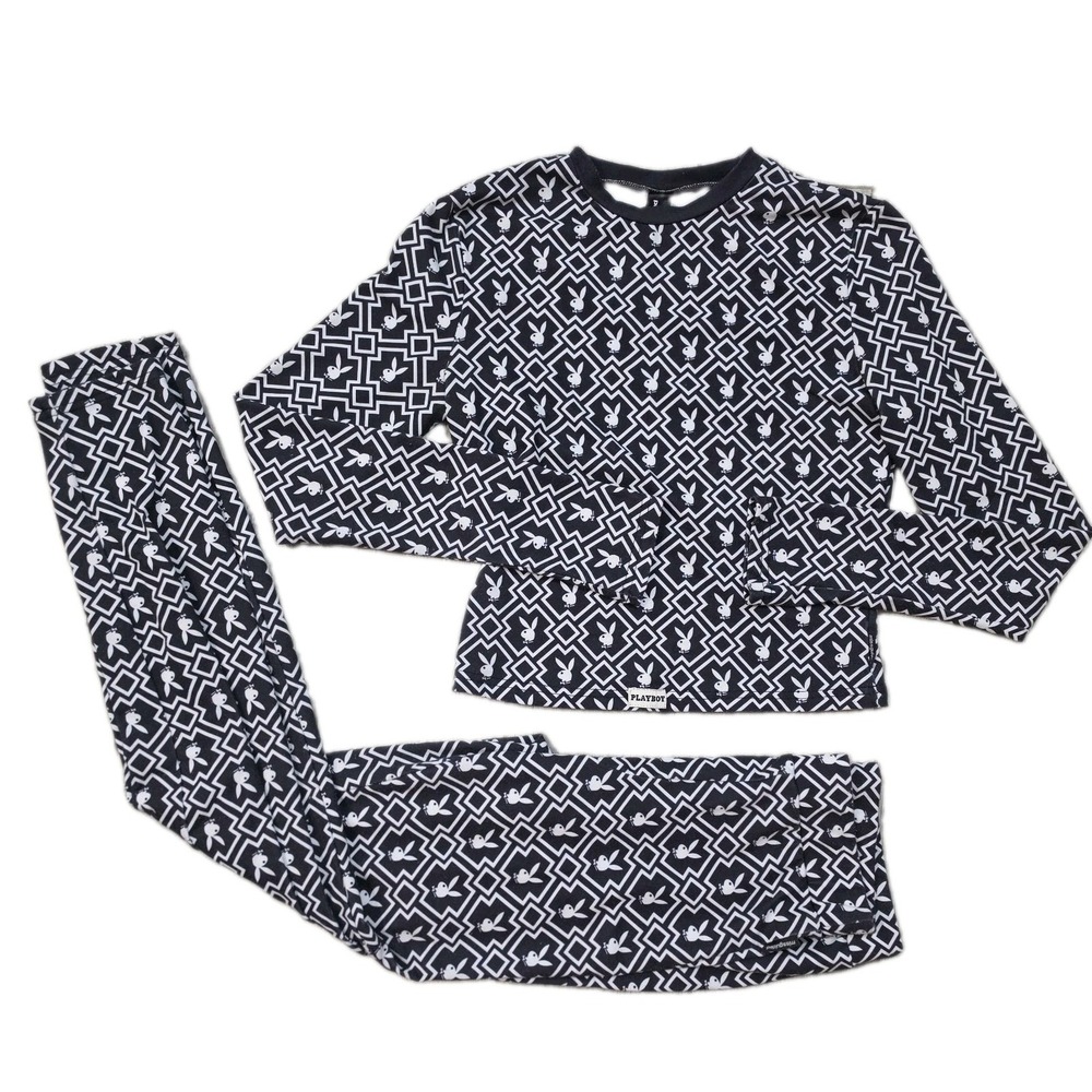 Missguided x Playboy Geometric Logo Print Lounge Set Size Small Black & White